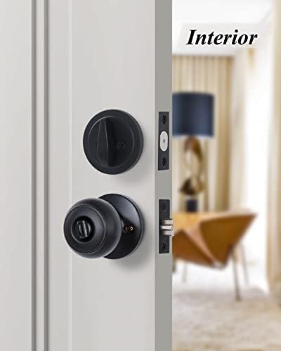 GITRANG Single Cylinder Door Knock Set with Keyed Deadbolt Matte Black Door Knobs for Home Security