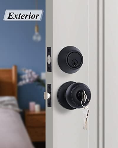 GITRANG Single Cylinder Door Knock Set with Keyed Deadbolt Matte Black Door Knobs for Home Security