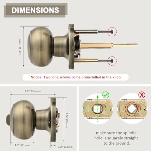 Probrico High-Quality Stainless Steel Door Knobs Set with Antique Brass Finish Keyed Entrance Lock Set