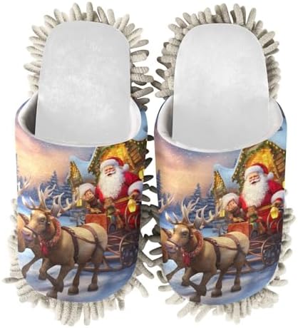 White Christmas Santa Riding Reindeer Mop Slippers