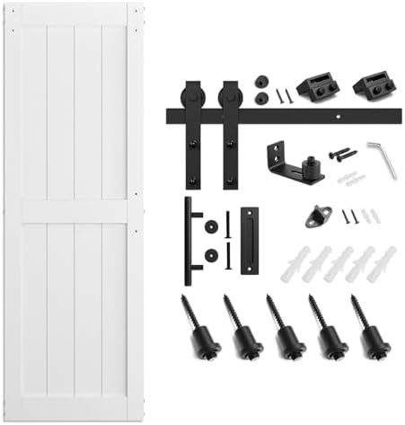 SmartStandard 30 x 84 inch White Sliding Barn Door with Hardware Kit and Handle