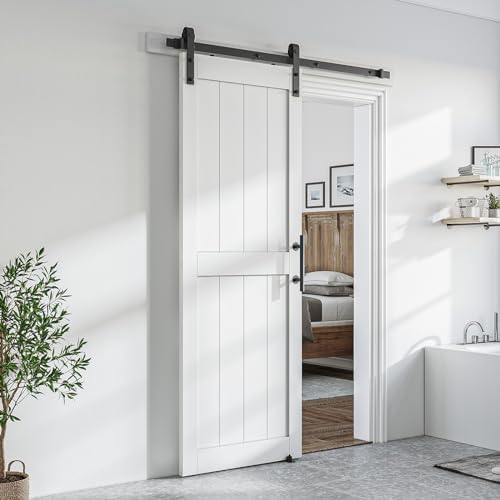 SmartStandard 30 x 84 inch White Sliding Barn Door with Hardware Kit and Handle