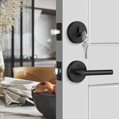 GoldenWarm Door Lock Set - Black Door Handle with Deadbolt
