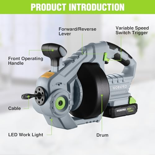 WORKPRO 25 Ft Electric Drain Auger Cordless 20AH Battery Effortless Drainage