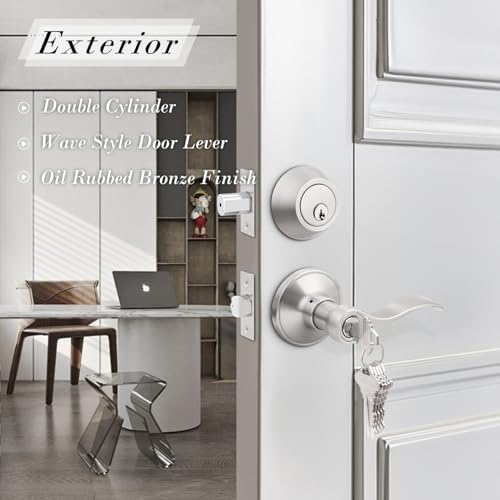 Brotima1-Piece Keyed Entry Door Handle Set with Wave Style Lever Door Handle for Built-Ins and More