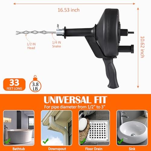 Professional Drain Snag Eco-Friendly 33ft Spring Steel Drain Auger for Home Commercial Use