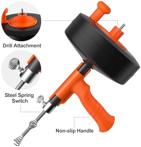 KINGLEV 50ft Steel Drain Snake with Drill Adapter