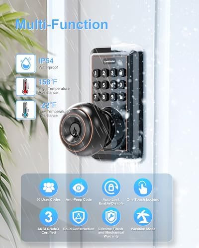 Disposable Keypad Door Lock Keyless Door Knob Oil Rubbed Bronze Waterproof Easy Install Program - 50 User Code