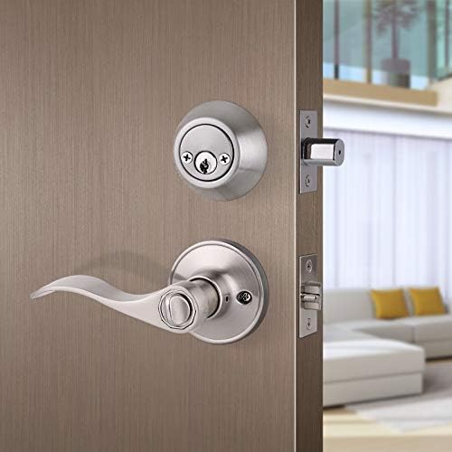 Durable Front Door Lock Set with Reversible Lever Deadbolt SATIN NICOLLE FINISH