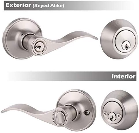 Durable Front Door Lock Set with Reversible Lever Deadbolt SATIN NICOLLE FINISH