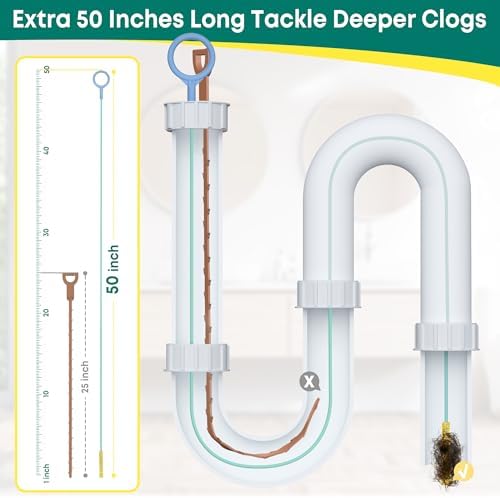 Kellys Collection 5-Piece Drain Snake Set 50-Inch Unbreakable Hair Debris Remover for Bath Shower Kitchen Pipes