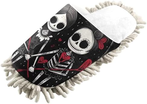 White Gothic Skeleton Couples Hearts Mop Slippers for Women Men Dirt Cleaning Tool