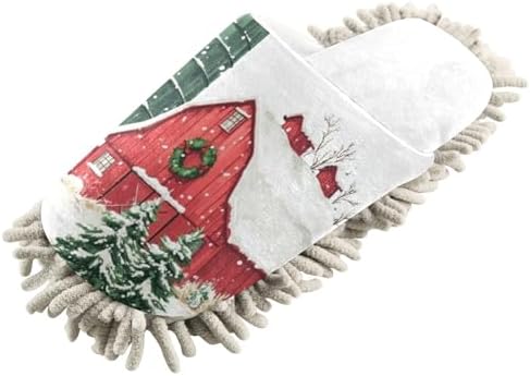 White Christmas Red Farmhouse Mop Slippers Cozy for Home Cleaning