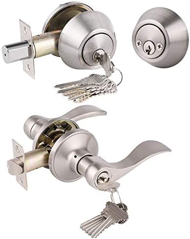 Durable Front Door Lock Set with Reversible Lever Deadbolt SATIN NICOLLE FINISH