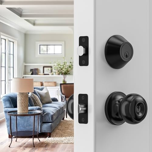 HOSOM Entry Door Knob and Single Cylinder Deadbolt Set Matte Black 1-Pack