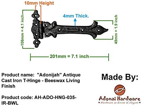 Adonai Hardware Adonijah Antique Cast Iron Strap T Hinge 79 x 2 Pack Beeswax Living Finish for Barn Doors More