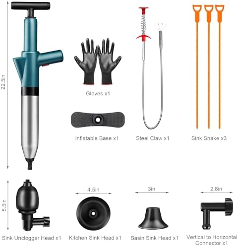 Fast-Acting Toilet Plunger Clog Remover 120 PSI 5 Piece Set with Anti-Splash Design