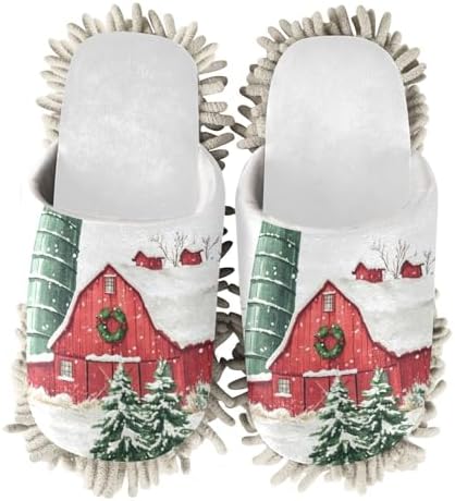 White Christmas Red Farmhouse Mop Slippers Cozy for Home Cleaning