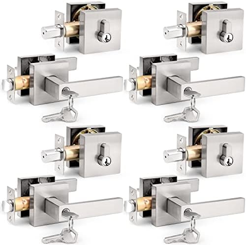 Probrico 4-Piece Square Keyed Entry Levers Deadbolts Combo SATIN NICKEL