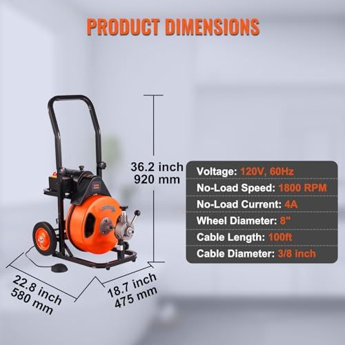 Effortless Drain Cleaning VEVOR 100FT x 38 Drain Auger with 4 Cutters for 2-4 Pipes