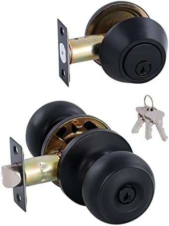 GITRANG Single Cylinder Door Knock Set with Keyed Deadbolt Matte Black Door Knobs for Home Security