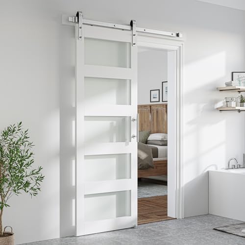 SmartStandard 30x84 inch White Barn Door with Handle and Easily Assembled Kit
