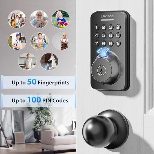Ulecoce Fingerprint Door Lock Set Secure Easy to Install Door Lock for Front Door Keyless Entry Matte Black