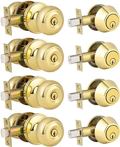 4-Piece Polished Brass Door Knob Deadbolt Set Keyed Alike 100 Secure