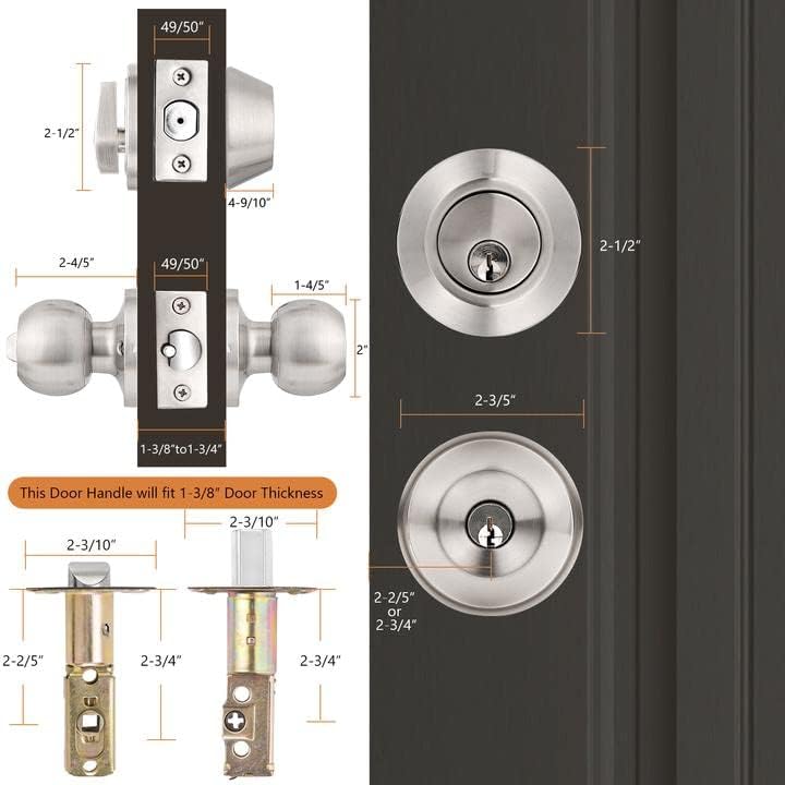 Probrico 6-Pack Door Knobs Deadbolts Set with Same Keys for All Nickel Finish