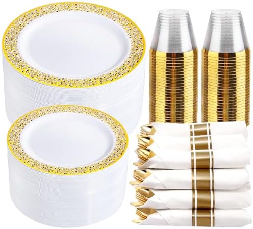 WELLIFE 50-Piece Disposable Gold Plastic Dinnerware Set