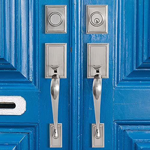 Double Door Lock Set Entry Door Lock Set Curved Straight Handles Satin Nickel Finish