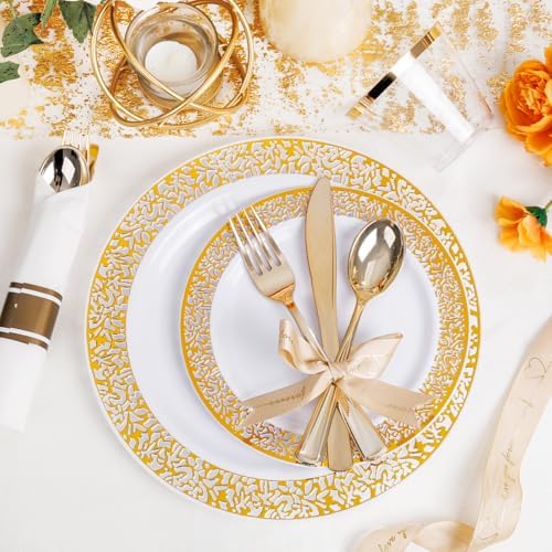 WELLIFE 50-Piece Disposable Gold Plastic Dinnerware Set