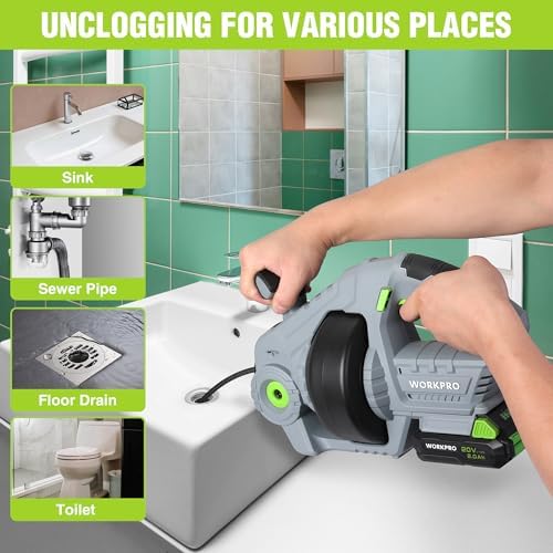 WORKPRO 25 Ft Electric Drain Auger Cordless 20AH Battery Effortless Drainage