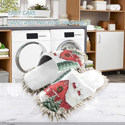 White Christmas Red Farmhouse Mop Slippers Cozy for Home Cleaning