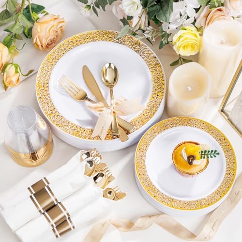 WELLIFE 50-Piece Disposable Gold Plastic Dinnerware Set