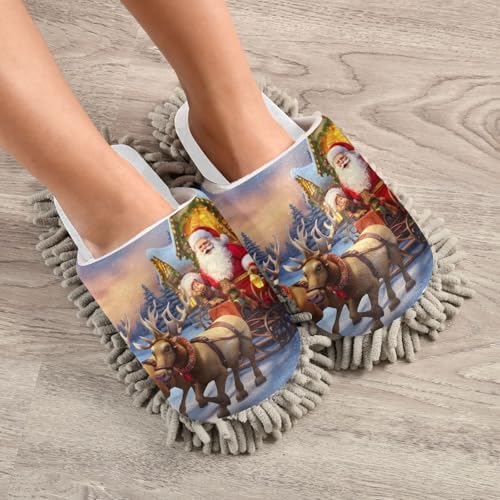 White Christmas Santa Riding Reindeer Mop Slippers