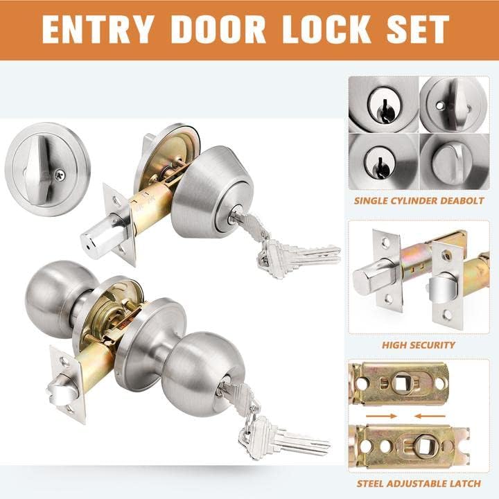Probrico 6-Pack Door Knobs Deadbolts Set with Same Keys for All Nickel Finish