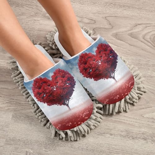 Perfect White Valentines Red Heart Tree Mop Slippers for Home