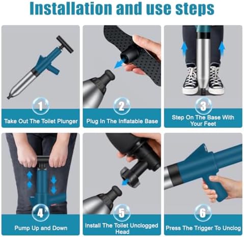 Fast-Acting Toilet Plunger Clog Remover 120 PSI 5 Piece Set with Anti-Splash Design