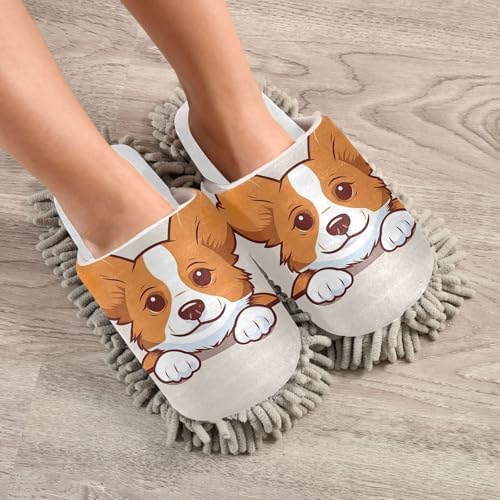 Stylish Luxurious White Corgi Mop Slippers for Clean Floors