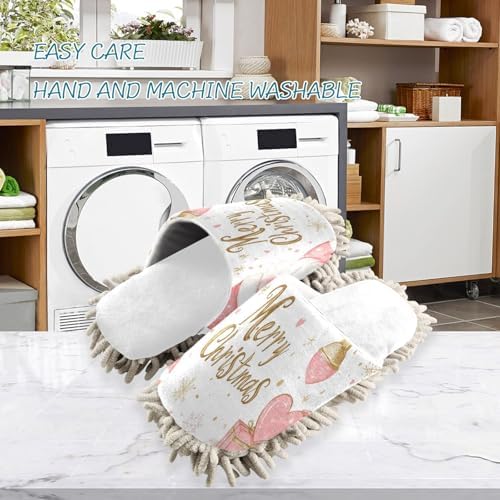 Cozy White Christmas Pink Snowflake Santa Mop Slippers for Cleaning Fun
