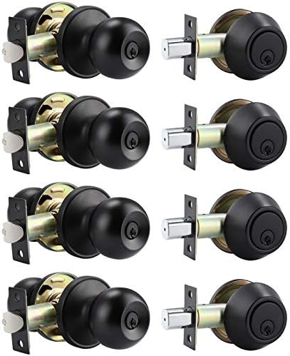 4-Piece Exterior Door Lock Set with 4 Knobs and 4 Deadbolts Flat Black Keyed Alike