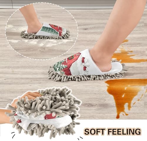 White Christmas Red Farmhouse Mop Slippers Cozy for Home Cleaning