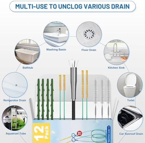 Kellys Collection 12-Piece Snake Drain Hair Remover Multi-Functional clog Removal Tools for Home Businesses