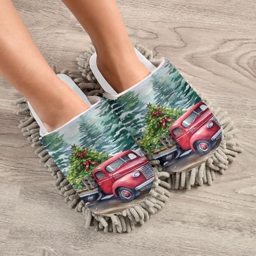 White Christmas Truck Tree Mop Slippers