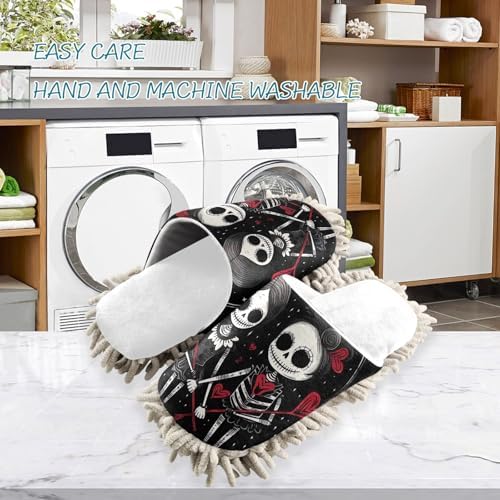 White Gothic Skeleton Couples Hearts Mop Slippers for Women Men Dirt Cleaning Tool