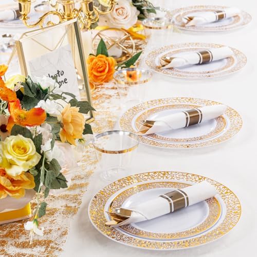 WELLIFE 50-Piece Disposable Gold Plastic Dinnerware Set