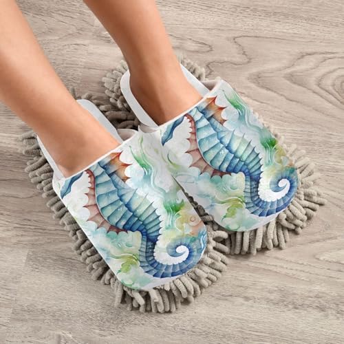 RunningBear White Seahorses Mop Slippers for Floor Cleaning 1