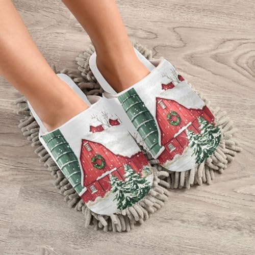 White Christmas Red Farmhouse Mop Slippers Cozy for Home Cleaning