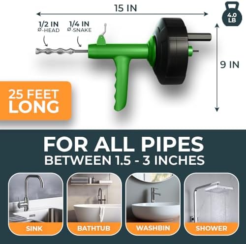 25FT Drain Snake for Sink and Drains - EffORTless Unblocking